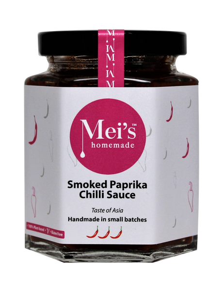 Mei's Homemade Smoked Paprika Chilli Sauce in 8oz jar. A chilli sauce crosses between African peri-peri and Turkish  ezme chilli dip.