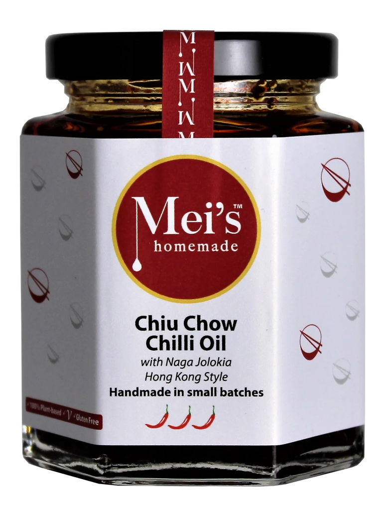 Jar of Mei's homemade Chiu Chow Chilli Oil with a white label and red accents.