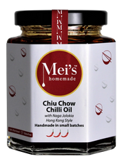 Jar of Mei's homemade Chiu Chow Chilli Oil with a white label and red accents.