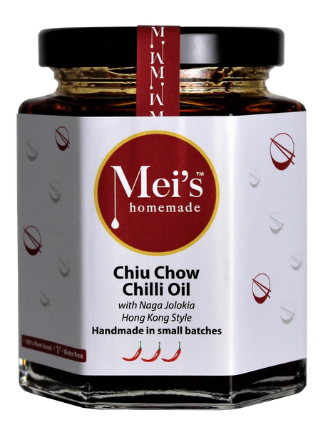 Jar of Mei's homemade Chiu Chow Chilli Oil with a white label and red accents.