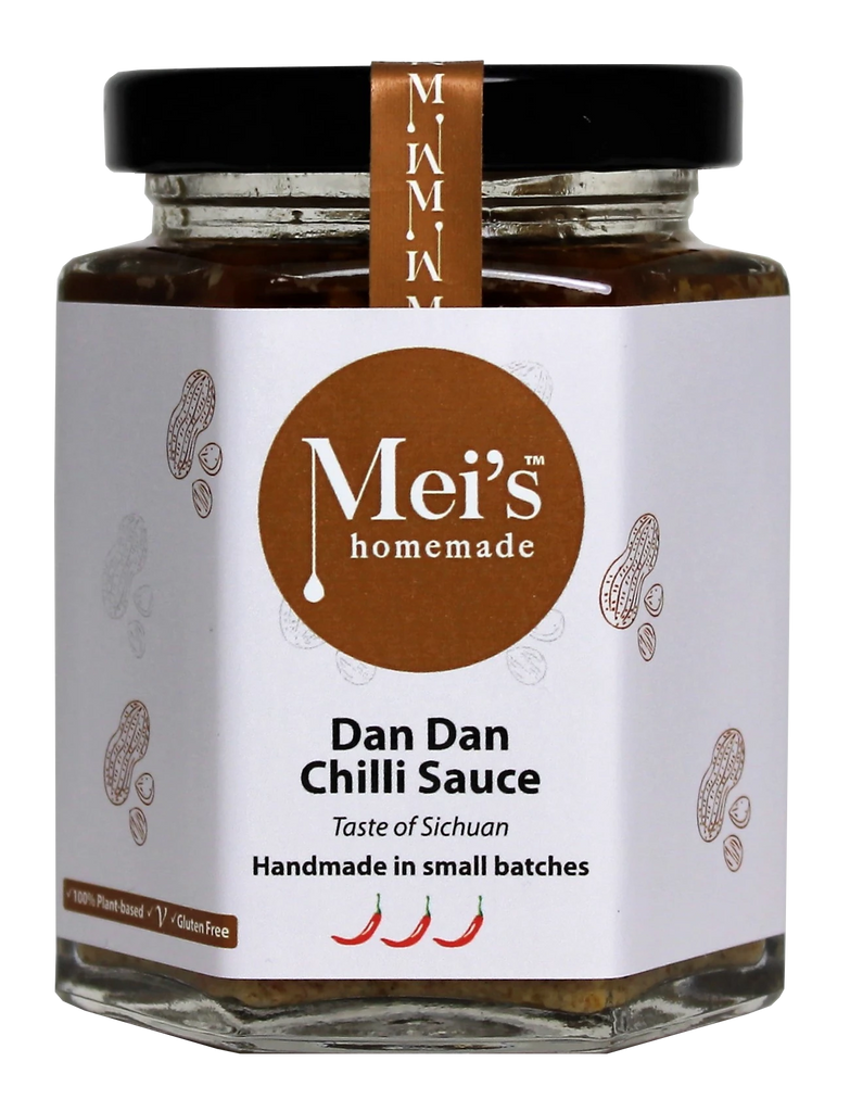 Jar of Mei's homemade Dan Dan Chilli Sauce with a white label and brown accents.