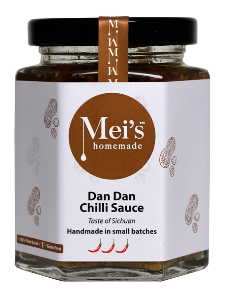 Jar of Mei's homemade Dan Dan Chilli Sauce with a white label and brown accents.