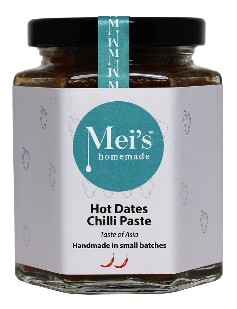 Jar of Mei's homemade Hot Dates Chilli Relish Oil with a white label and blue accents.
