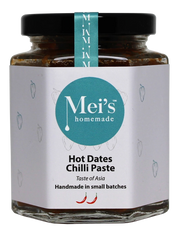 Jar of Mei's homemade Hot Dates Chilli Relish Oil with a white label and blue accents.