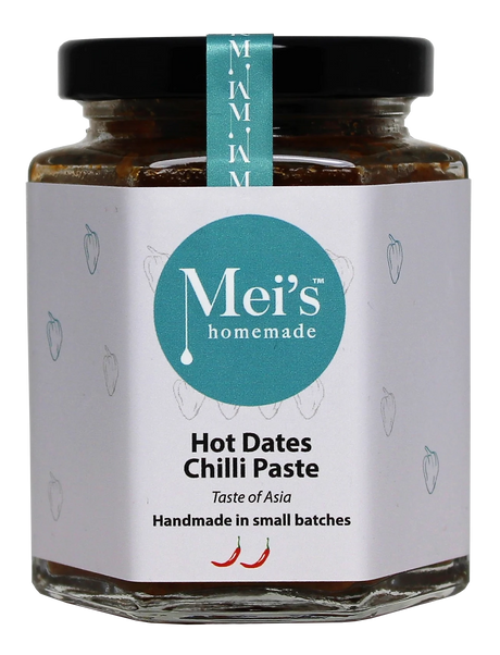 Jar of Mei's homemade Hot Dates Chilli Relish Oil with a white label and blue accents.