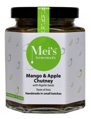 Jar of Mei's homemade Mango and Apple Chutney with a white label and green accents.