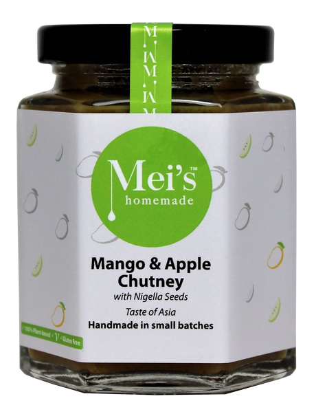 Jar of Mei's homemade Mango and Apple Chutney with a white label and green accents.