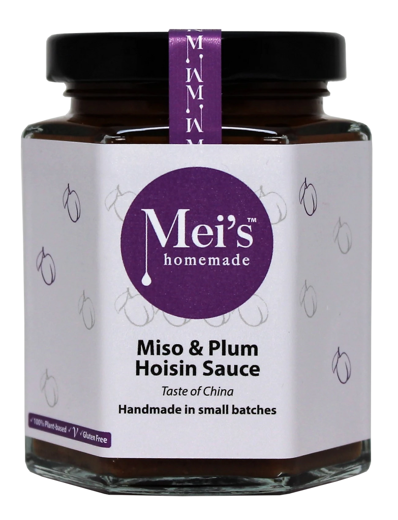 A glass jar of Mei's Homemade Miso & Plum Hoisin Sauce with a purple label, indicating it is gluten free.