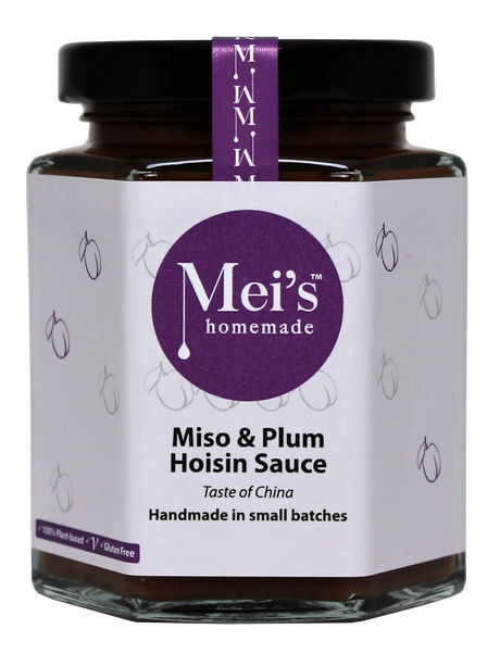 A glass jar of Mei's Homemade Miso & Plum Hoisin Sauce with a purple label, indicating it is gluten free.