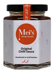 A glass jar of Mei's Homemade Miso & Plum Hoisin Sauce with a purple label, indicating it is gluten free.