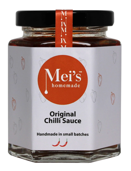 A glass jar of Mei's Homemade Miso & Plum Hoisin Sauce with a purple label, indicating it is gluten free.