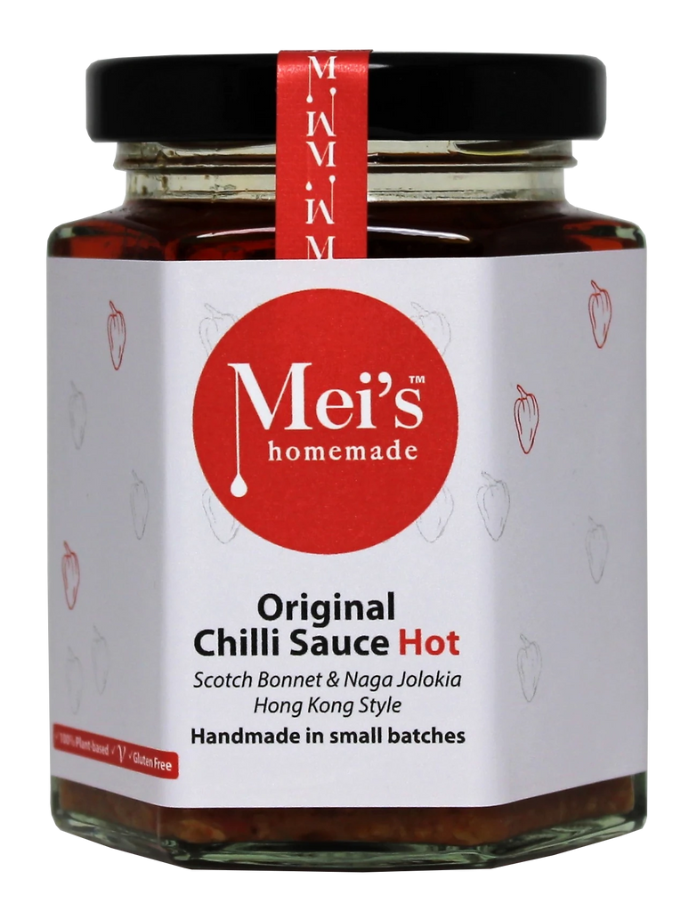 A glass jar of Mei's Homemade Original Chilli Sauce HOT with a red label, indicating it is gluten free.