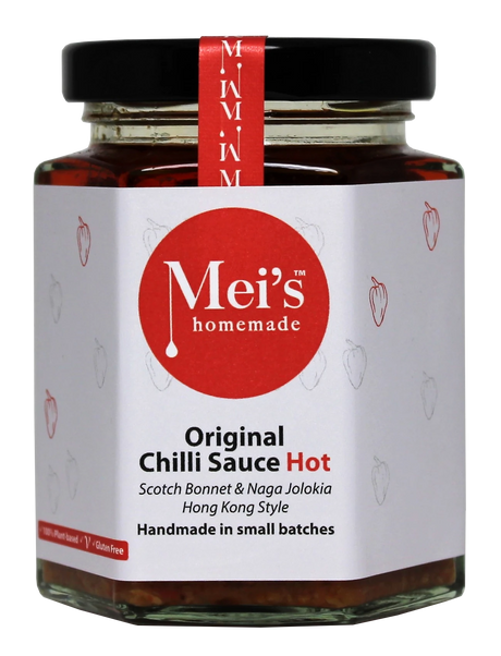 A glass jar of Mei's Homemade Original Chilli Sauce HOT with a red label, indicating it is gluten free.