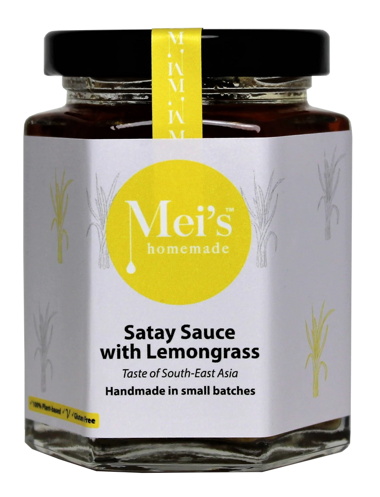 A jar of Satay Sauce with Lemongrass by Mei's Homemade, labelled gluten-free, with ingredients listed on the label.