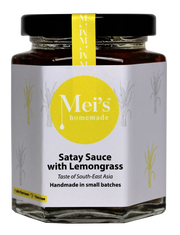 A jar of Satay Sauce with Lemongrass by Mei's Homemade, labelled gluten-free, with ingredients listed on the label.