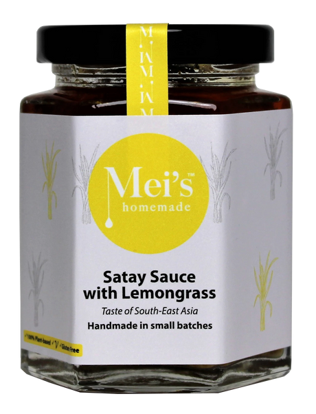 A jar of Satay Sauce with Lemongrass by Mei's Homemade, labelled gluten-free, with ingredients listed on the label.