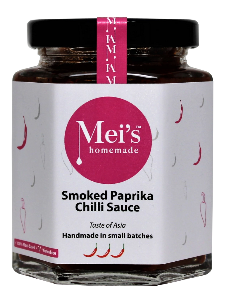 Mei's Homemade Smoked Paprika Chilli Sauce in 8oz jar. A chilli sauce crosses between African peri-peri and Turkish  ezme chilli dip.