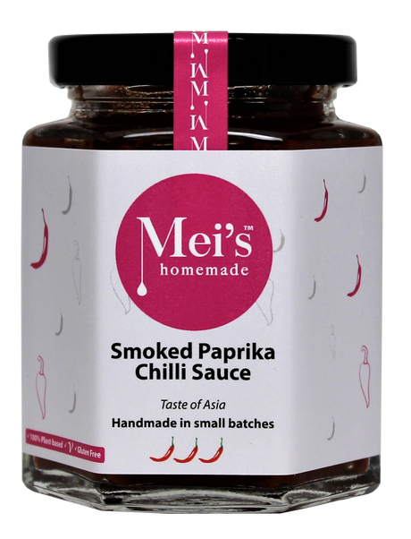 Mei's Homemade Smoked Paprika Chilli Sauce in 8oz jar. A chilli sauce crosses between African peri-peri and Turkish  ezme chilli dip.