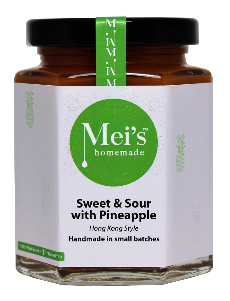 A jar of Mei's Sweet and Sour Stir Fry with Pineapple. The label is green and white with the text 'Mei's Homemade' and the product name clearly stated.