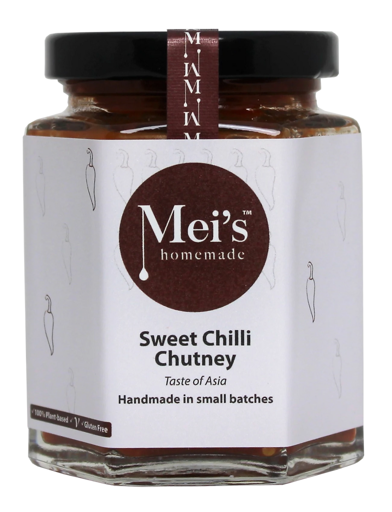 A jar of Mei's Homemade Sweet Chilli Chutney with the label showing the product name and the phrase 'Handmade in small batches'.