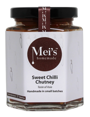 A jar of Mei's Homemade Sweet Chilli Chutney with the label showing the product name and the phrase 'Handmade in small batches'.
