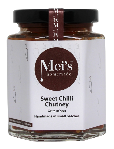 A jar of Mei's Homemade Sweet Chilli Chutney with the label showing the product name and the phrase 'Handmade in small batches'.