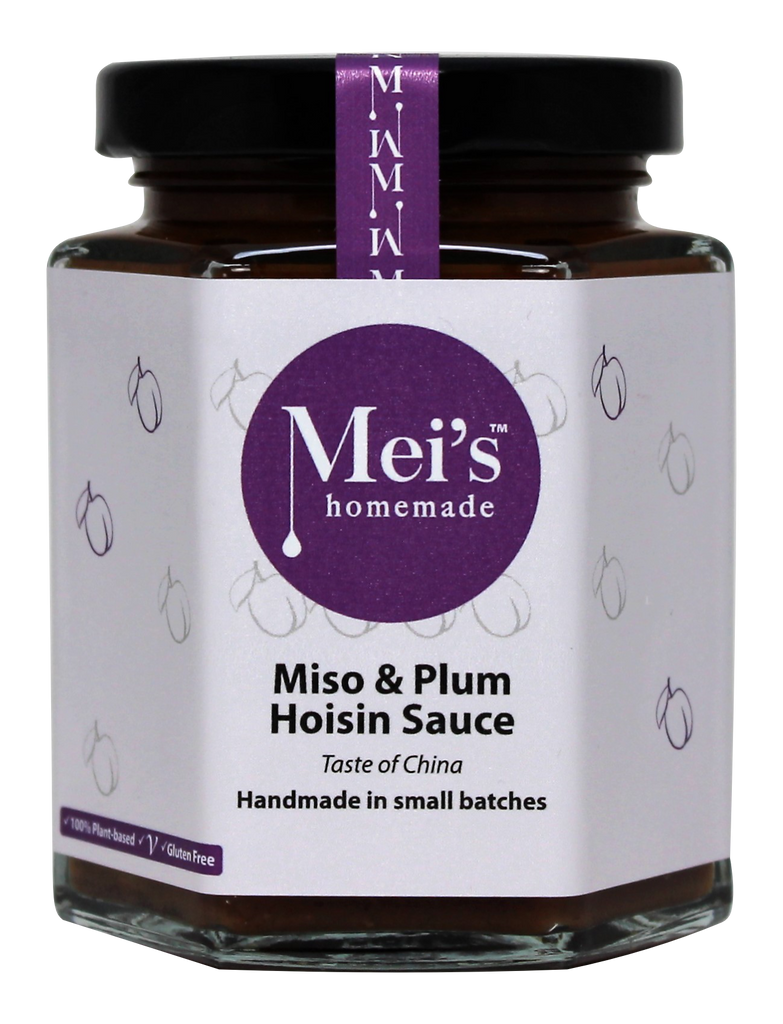 A glass jar of Mei's Homemade Miso & Plum Hoisin Sauce with a purple label, indicating it is gluten free.