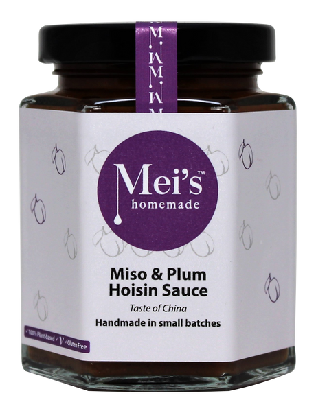 A glass jar of Mei's Homemade Miso & Plum Hoisin Sauce with a purple label, indicating it is gluten free.